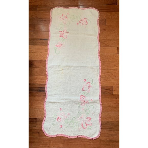 Vintage Hand-Cross Stitched Floral Table Runner with Pink Crochet Trim 36"x15" - Picture 1 of 8